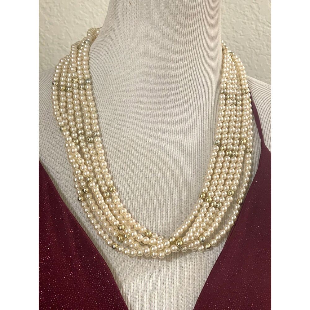 Vintage 6 Strand Gold & Faux Pearl Layered Necklace 25"